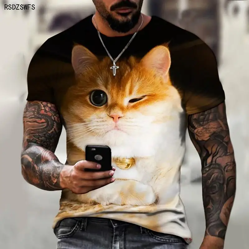 Animal World Cute Cats And Dogs Real 3D Printed Patterns Men\'s Shirts Crew Neck Tops T-shirts Casual Clothing Oversize 5XL