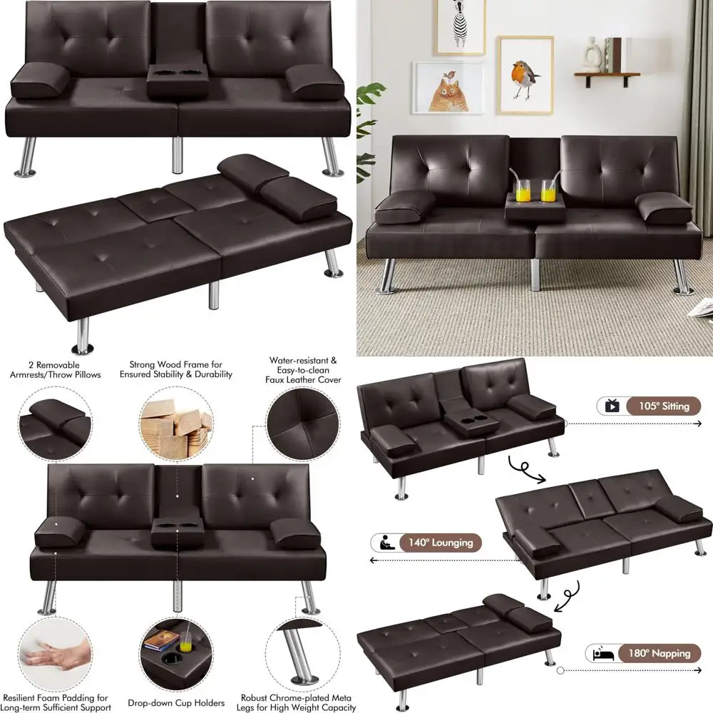 Sofá-cama conversível ajustável moderno em couro sintético com sofá reversível, apoios de braços removíveis, reclinado de 3 posições, 772 lb