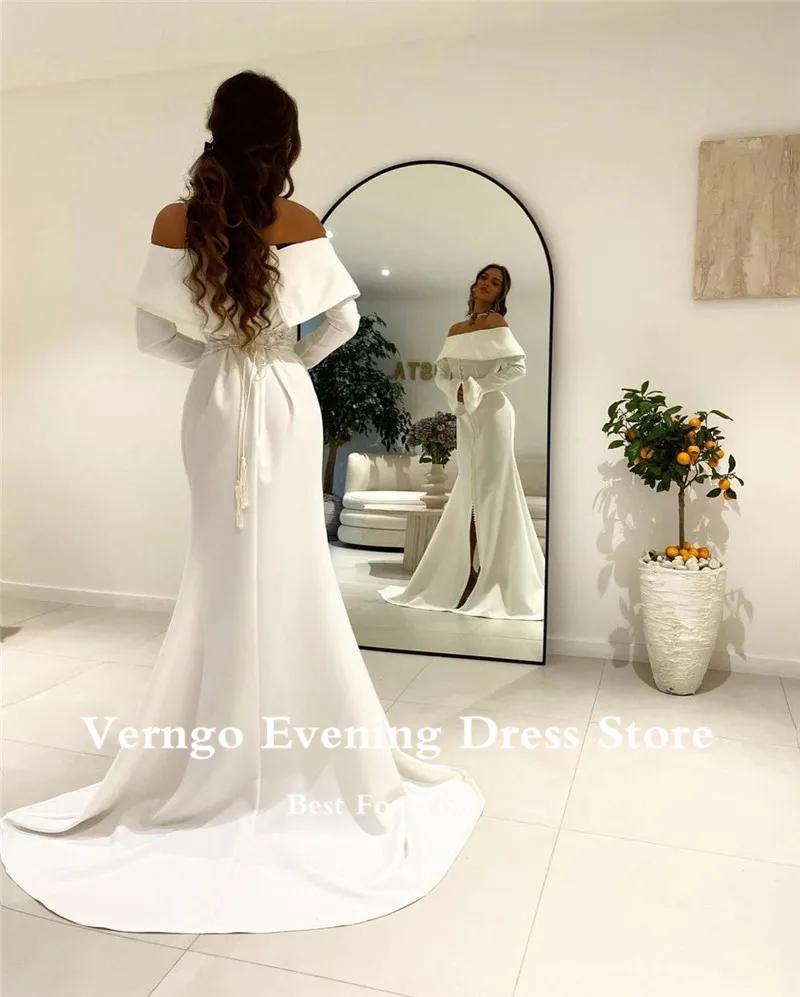 Verngo Matte Satin Ivory Saudi Arabic Women Evening Dresses Off the Shoulder Long Sleeves Formal Occasion Prom Gowns Outfit