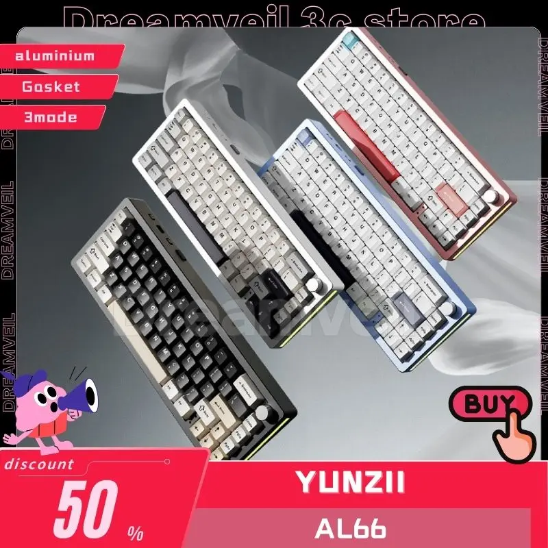 YUNZII AL66 Silver 66-Key CNC Aluminum Knob Wireless Bluetooth/2.4G/Wired Hot Swap Gasket Mounted RGB Mechanical Gaming Keyboard