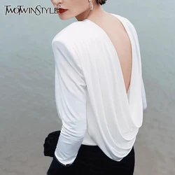 TWOTWINSTYLE Solid Minimalist T Shirts For Women O Neck Long Sleeve Backless Patchwork Folds Elegant T Shirt Female Fashion New