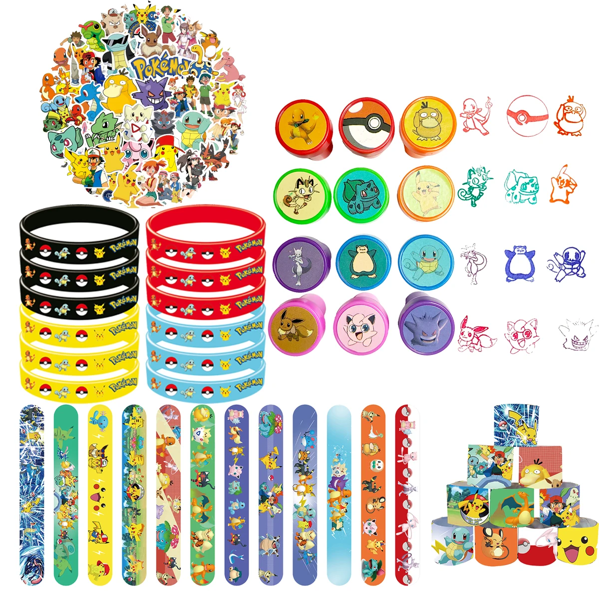 Pokemon Party Favors Slap Bracelets Stamps Tattoos Stickers Silicone Wristbands Goodie Bag Fillers Baby Shower Party Supplies