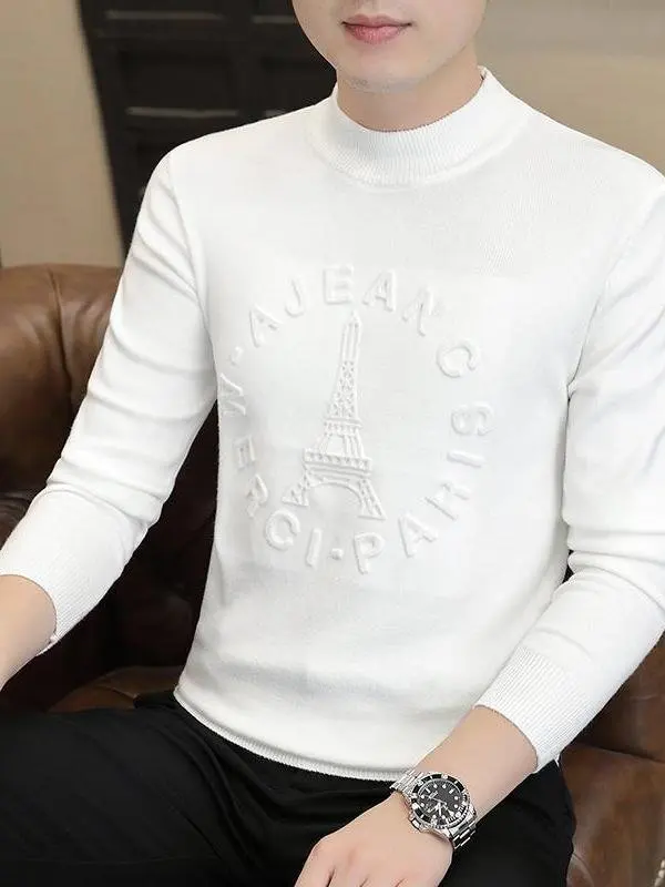 

Мужской вязаный свитер Slim Fit с высоким воротником, белый, модный, универсальный, новинка 2025 года, зимний, с длинным рукавом
