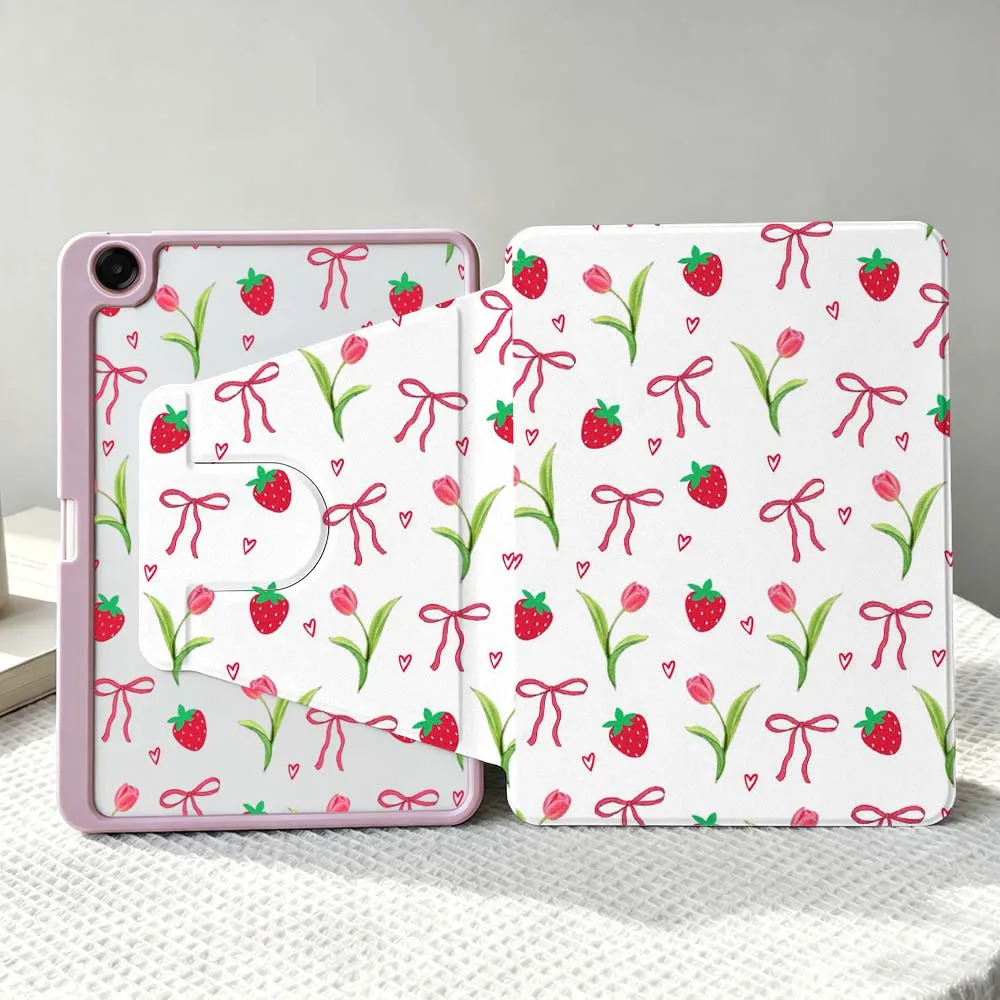 Strawberry Heart Bow Pattern For Samsung Galaxy Tab S11 S10 S9 S8 A11 FE Plus Ultra 360° Rotation Stylus Storage Tablet Case