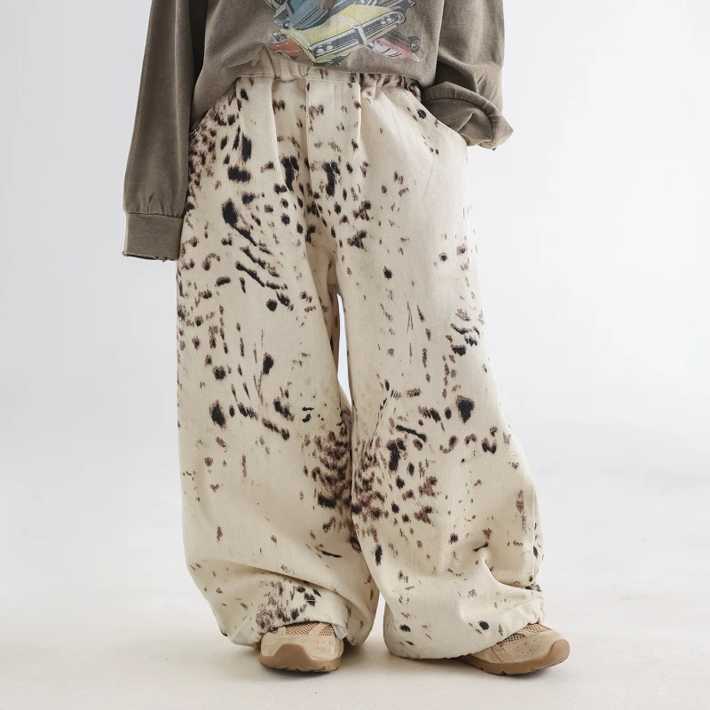 

Детские джинсы, свободные прямые брюки, широкие брюки-карго для мальчиков и девочек, новые весенне-осенние корейские детские джинсовые брюки с леопардовым принтом