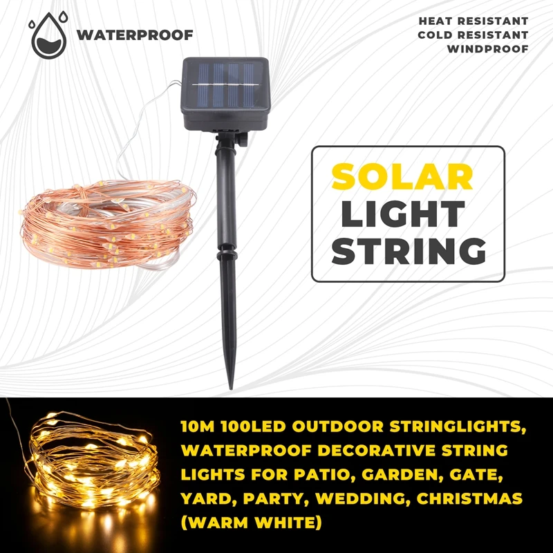 أضواء سلسلة الطاقة الشمسية AA46، 10M 100LED أضواء سلسلة خارجية، أضواء سلسلة زخرفية مقاومة للماء للفناء والحديقة والبوابة والساحة، P