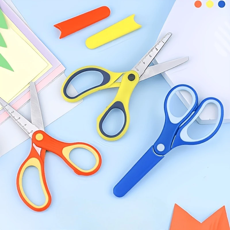 1pc Student Safety Scissors Set - Blunt Tip, Ruler and Protective Cover, Soft Grip, for Craft, and School Use