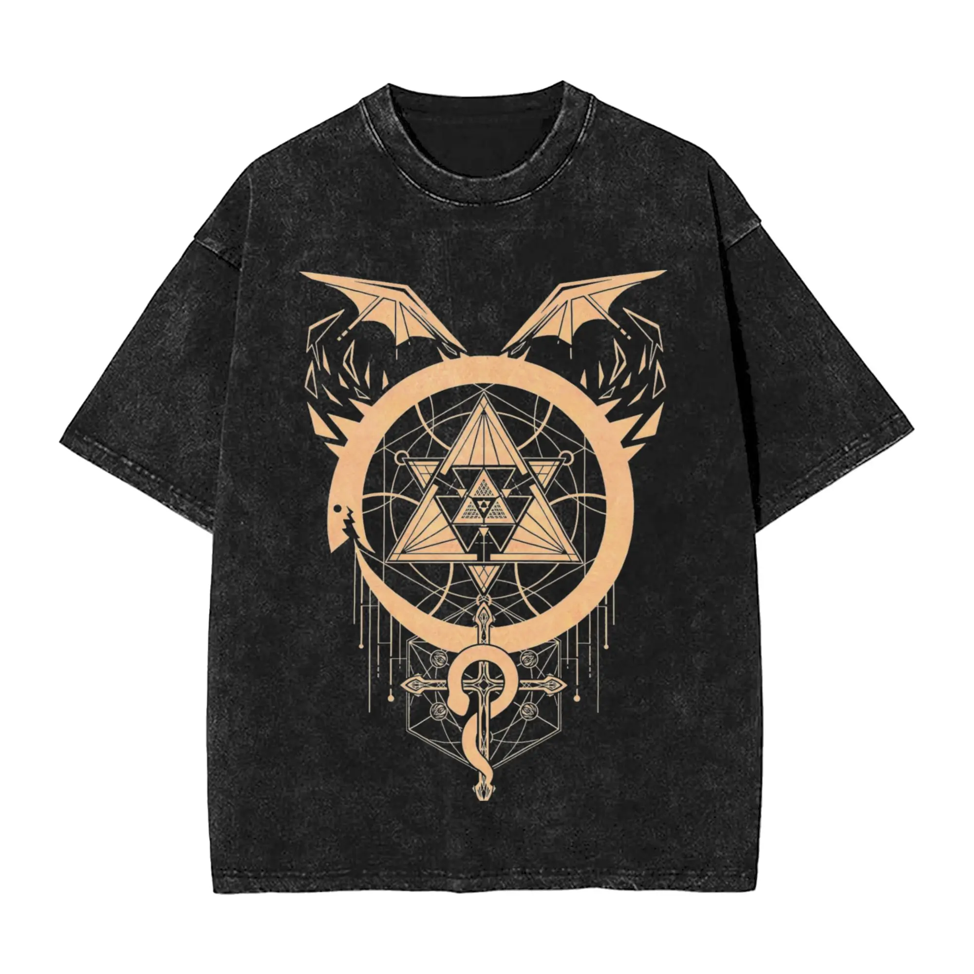 Fullmetal Alchemist Anime Washed T Shirt Streetwear HipHop T-Shirts Gilded Snakes of Alchemy Tees Tops for Men Women High Street