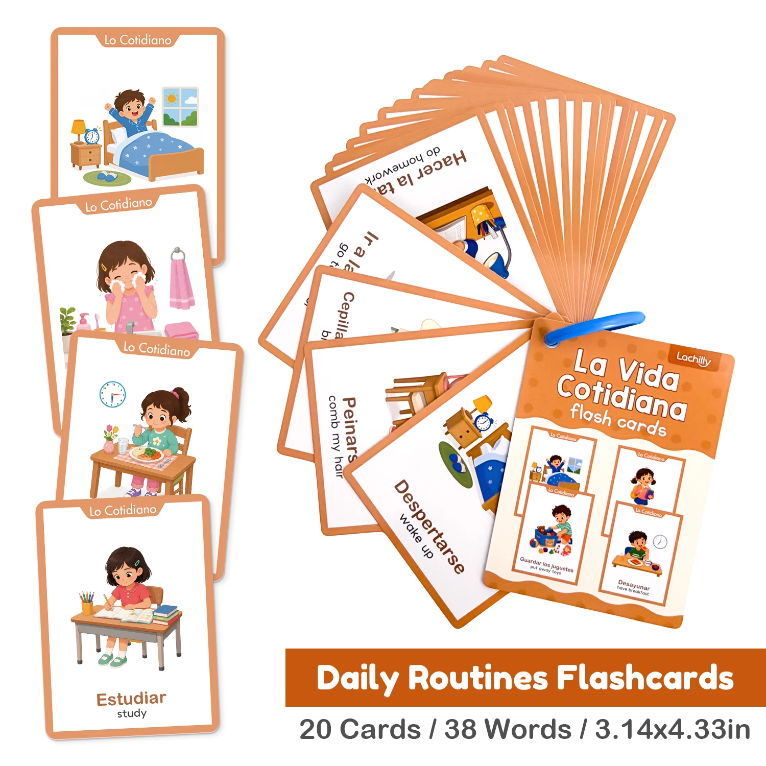 Spanish & English My Day Vocabulary Bilingual Educational Learning Cards for Kids Spanish Daily Life Flashcards Teaching Aids