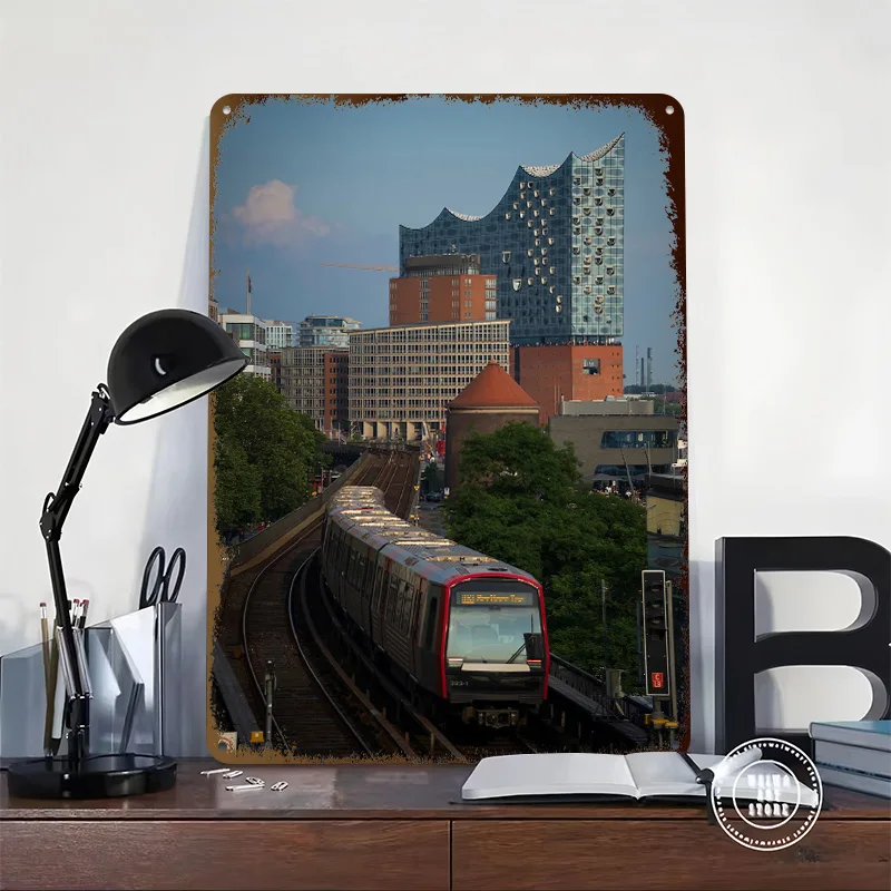 Hamburg U3 Subway With Elbphilharmonie Poster Customized Vintage Metal Signs Wall Art Retro Tin Plaque for Home Decorations Room