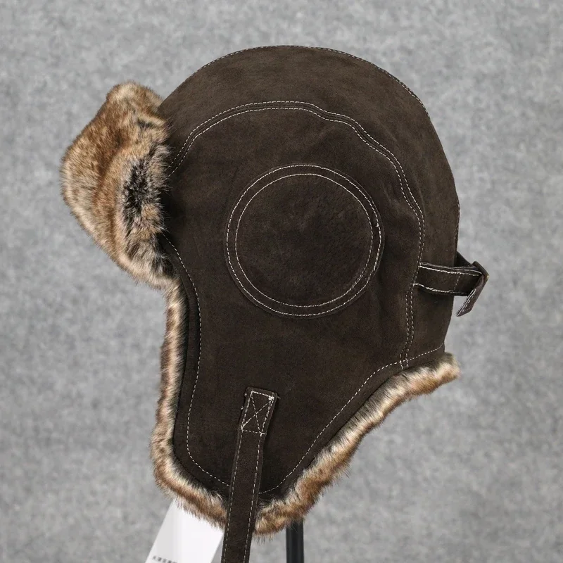 Bomber Hat High Quality Winter Women Snow Goras Fur Genuine Leather Caps with Ear Flaps Aviation Men Pilot Hats