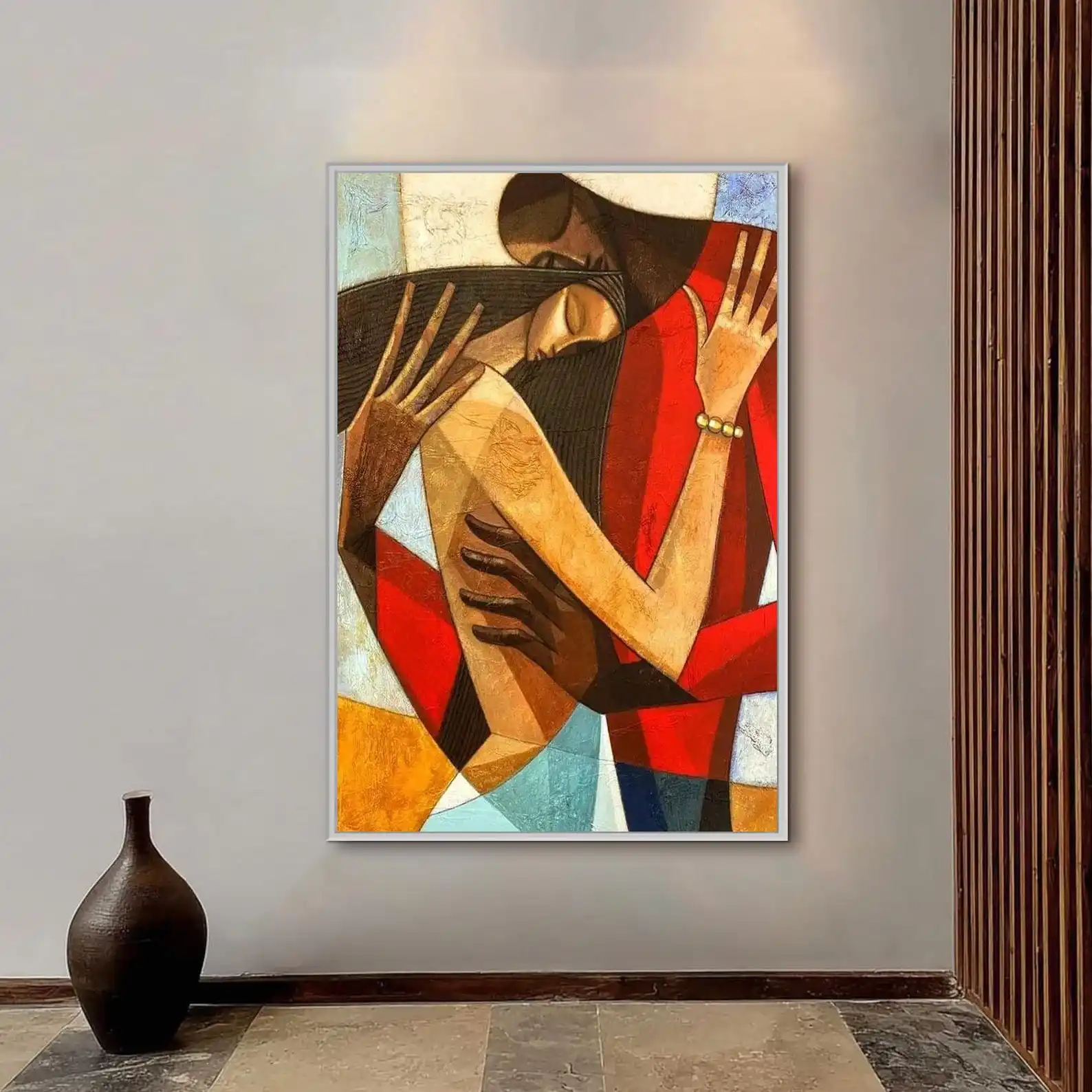 Mhemyo Abstract Hand Painted Embrace Oil Painting Cubist Lovers Earth Tones Red Accents Modern Romantic Wall Art For Home Decor