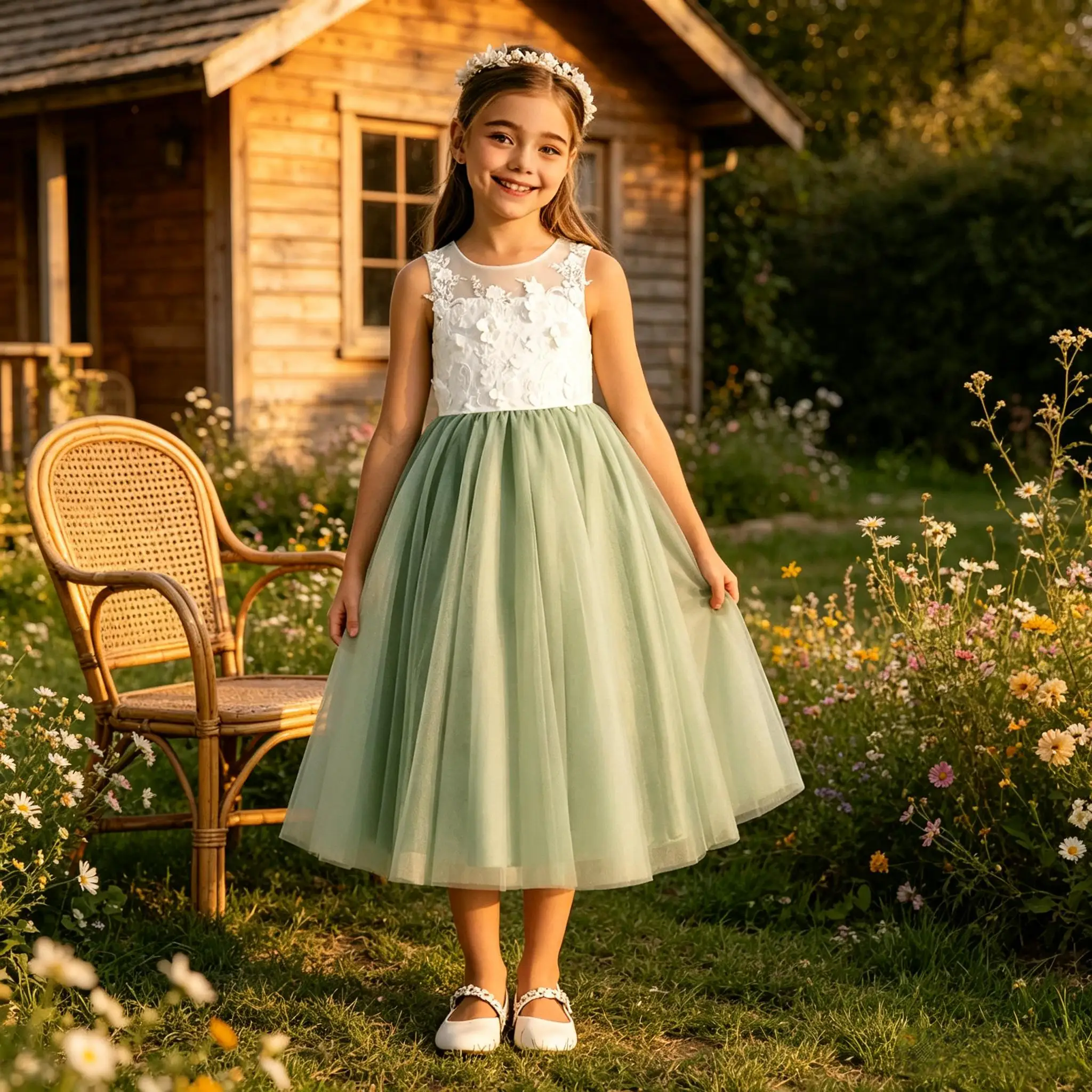Cswdocy Delicate Girls Bridesmaid Dress 3D Floral Appliques Sheer V Back Big Bow Tulle Gown Flower Girl Dress For Pageant Formal