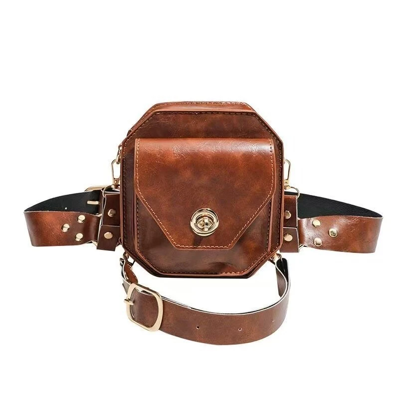 Vintage Western PU Leather Waist Bag Women Rivet Adjustable Harness Belt Bag Retro Gothic Thigh Crossbody Mini Phone Purse