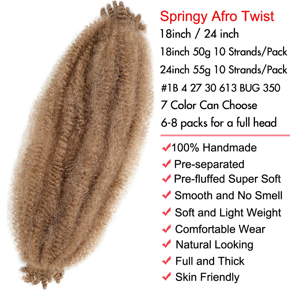 Springy Afro Twist Hair Suitable for Damaged Soft Locs Synthetic Kinky Marley Twist Braiding Hair For Black Women Bulk Extension