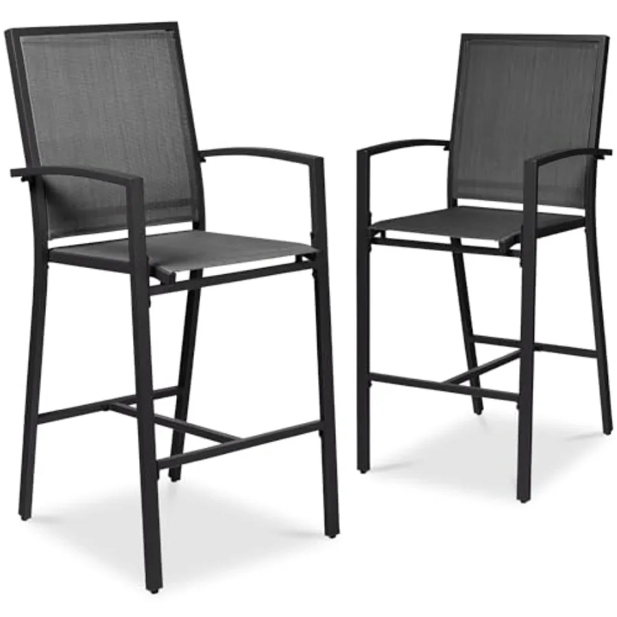 

Outdoor Bar Stools Set of 2 Bar Height Patio Furniture All Weather Mesh Design w/Armrest - Black ​/Black