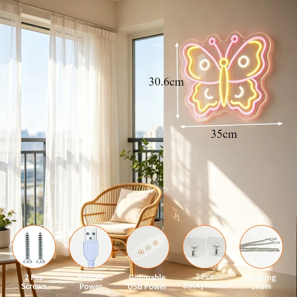Butterfly Neon Sign LED  Light Acrylic Wall Art Sign for Kids Bedroom Living Room Nursery Decor Aesthetic Room Aesthetic Gift
