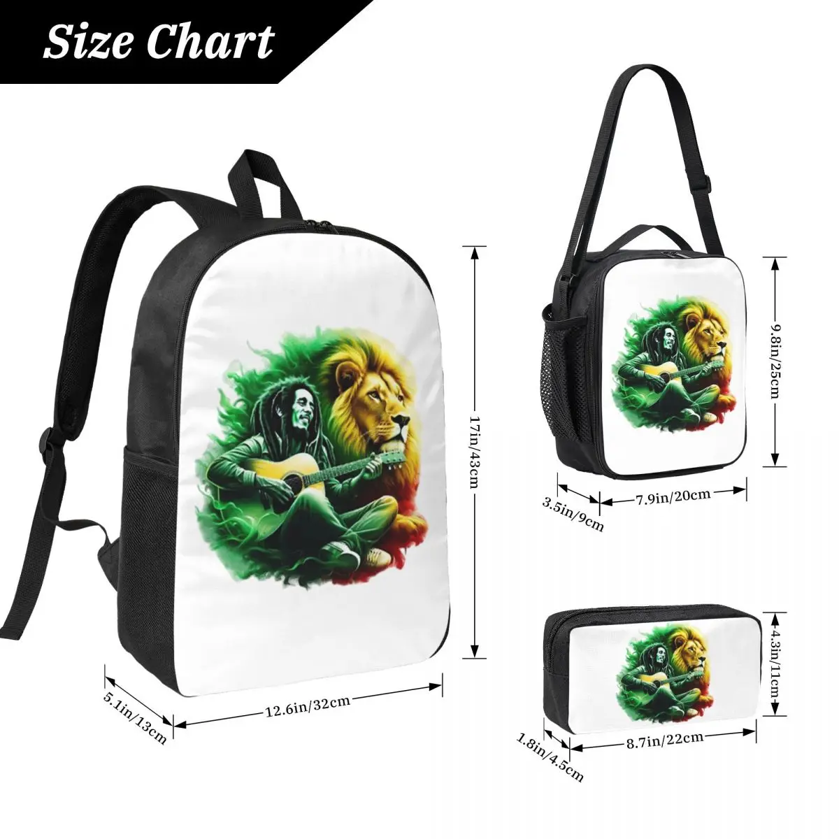 Bob Marley One Love Backpack Boys Girls BookBag School Bag Computer Shoulder Bags 3ps Insulated Lunch Bag Pencil Case