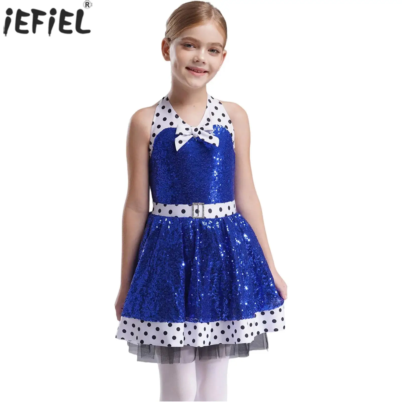 Kids Girls Glittery Sequins Dance Party Dress Sleeveless Dots Patchwork Tutu Leotard Ballroom Jazz Dancing Performance Costume