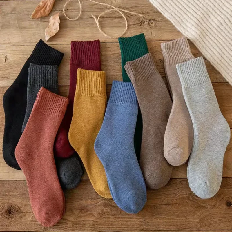 

Men's Winter Socks Fleece Thickened Warm Medium Tube Solid Color Long Tube Winter Wool Socks Women's Fleece Terry