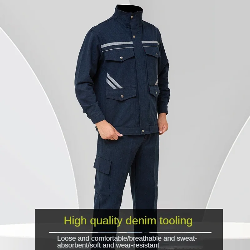 Thick Denim Work Suit Men's Spring And Autumn Wear-resistant Labor Insurance Reflective Strip Factory Clothing