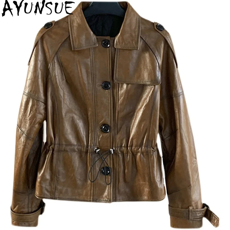 AYUNSUE 100% Genuine Sheepskin Jackets Woman Distressed Waxed Leather Jackets Woman Clothes Turn-down Collar 2025 Abrigo Mujer