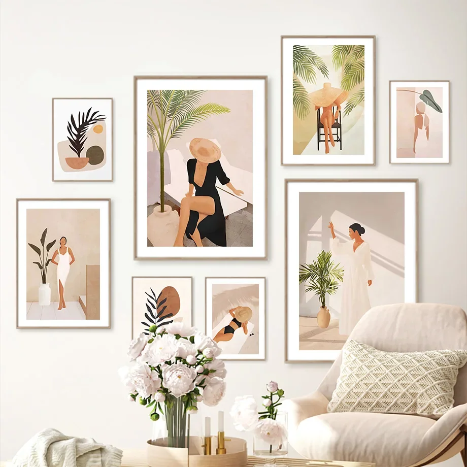 Пейзаж в стиле бохо с марокканским Rravel, красивая женщина, пляжный плакат с пальмовыми листьями и печать, настенная живопись на холсте, эстетический декор для комнаты и дома