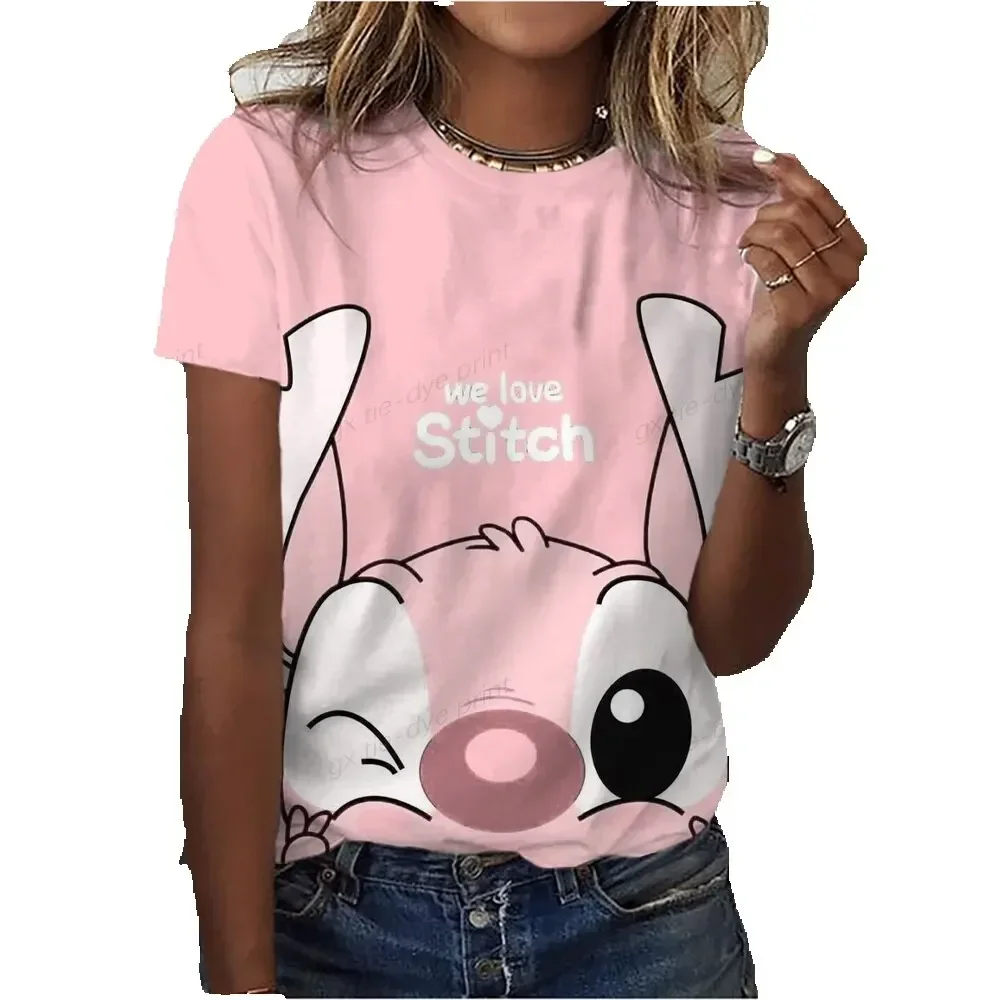 2024 girl Disney Stitch Pattern Women\'s T-shirt Stitch O-neck Design Y2k Fashion Trend Summer Short Sleeve Sexy Neckline  Top