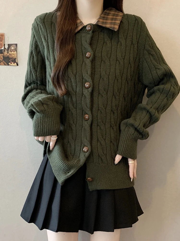 

plus Size Women's Vintage Knitted Cardigan Green Collar Twist Sweater Coat Spring Autumn Winter Fashion Ladies' Outerwear