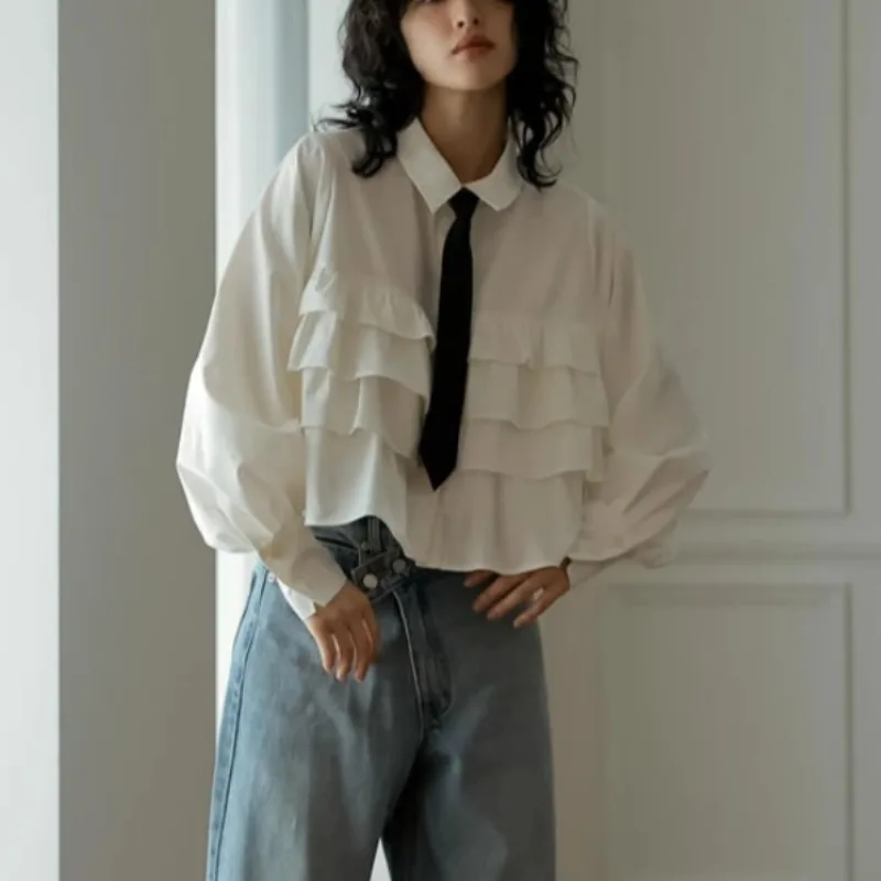 

Loose Long Sve Blouse Women's Sweet Sle Korean Japanese Lantern Sve irt Bow Design Cotton Casual Faion