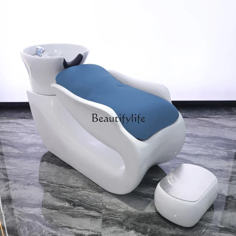 Half Lying Flushing Bed Hair Salon Massage Shampoo Bed for Hair Salon Fiberglass Ceramic Basin