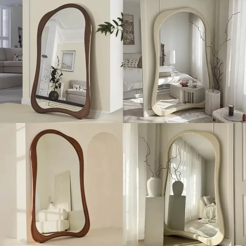 Cream Large Floor Mirror Wall Mounted Decorative Wood Full Body Mirror For Living Room Irregular Shape