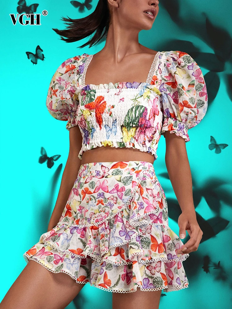 

VGH Floral Printing Two Piece Set For Women Square Collar Puff Sleeve Tops High Waist Spliced Ruffle Skirt Slim Sets Female New