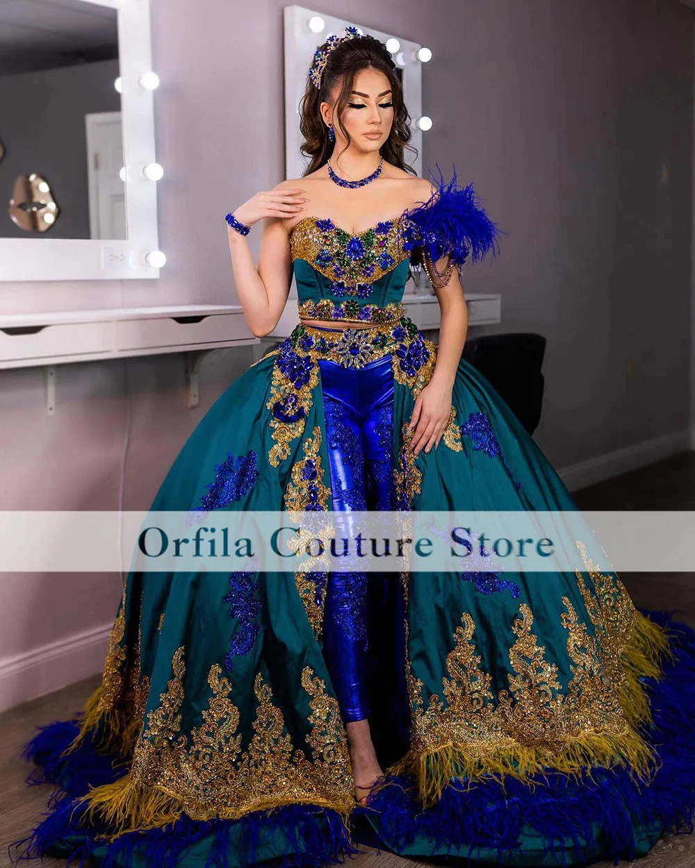 Luxury Saudi Arabic Prom Dress Detachable Train One Shoulder Beads Crystal Two Pieces Albanian Occasion Evening Wear for Party