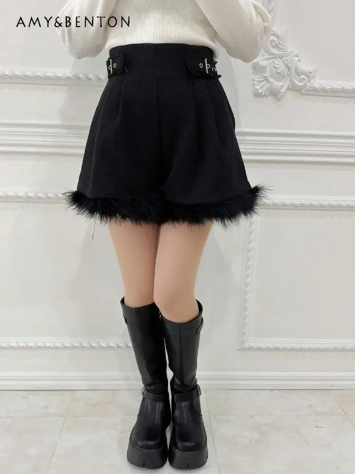 Japanese Mine Series Mass-produced Shorts Heavy Industry Rhinestone Love Buckle Plush Splicing Wide-leg Pants Sweet Cute Shorts