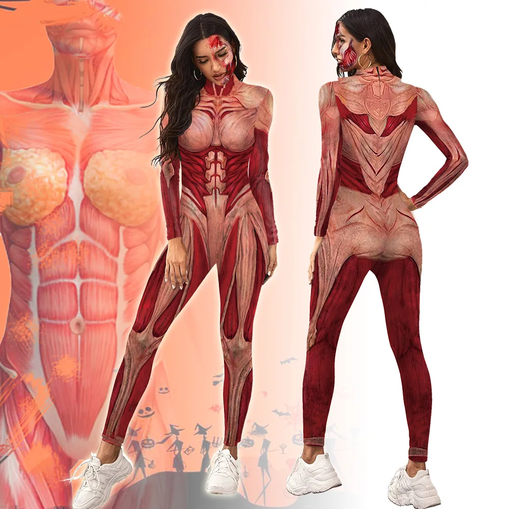 Women Men Human Body Muscle 3D Print Jumpsuit Elastic Tight Bodysuit Halloween Party Cosplay Costumes Role Play Up Outfit