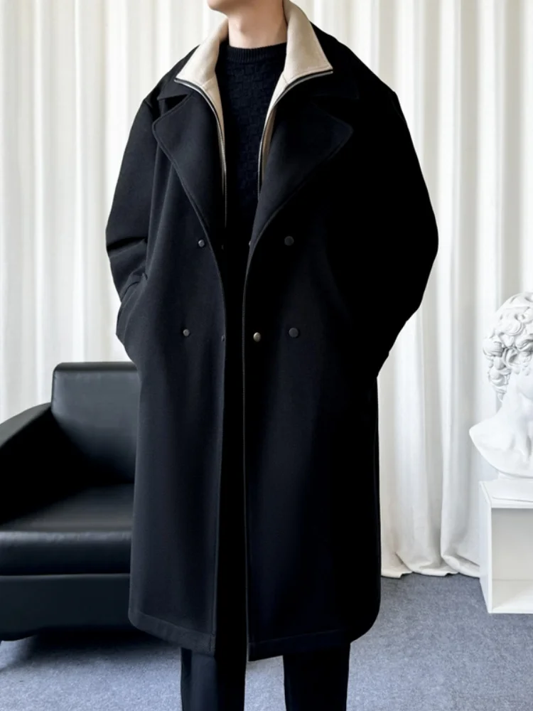 

Men's Long Over-Knee Fake Two-Piece Woolen Coat Briti Sle Autumn Winter High-End Feeling Mid-Length Tailored Outerwear