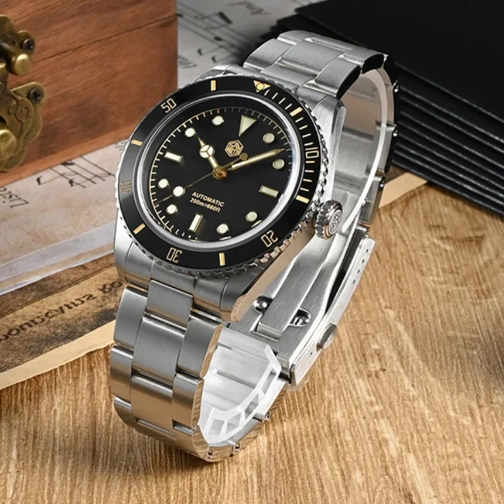 San Martin Herren-Vintage-Uhr, 38 mm, automatische mechanische Armbanduhr, Saphir-Taucher, 200 m wasserdicht, C3, leuchtend, PT5000