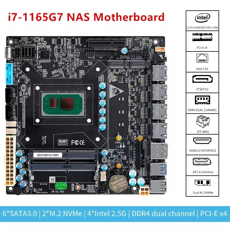 Topton 4x i226 2.5G 6 Bay NAS Motherboard 11th Gen Intel i7 1165G7 i5 1135G7 6xSATA 2xM.2 NVMe PCIEx4 Mini ITX Firewall Board