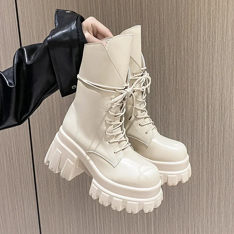 

9CM Women's Mid-Calf Boots New Fashion Lace-up Patent Leather Chunky Shoes Autumn High Heels Platform Motorcycle Boots For Woman