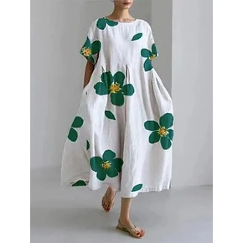 Fashion Lady Short Sleeve Big Swing Loose Maxi Dress Retro Women Flower Printing Pocket Dress O Neck Party Dressess Elegant Robe