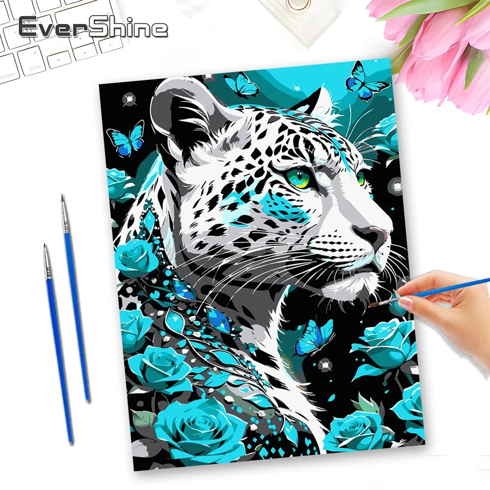 EverShine Ölgemälde nach Zahlen Set, Leoparden-Kunst, Tierzeichnung, handgemaltes Gemälde, Kunst, Rose, ohne Rahmen, Heimdekoration