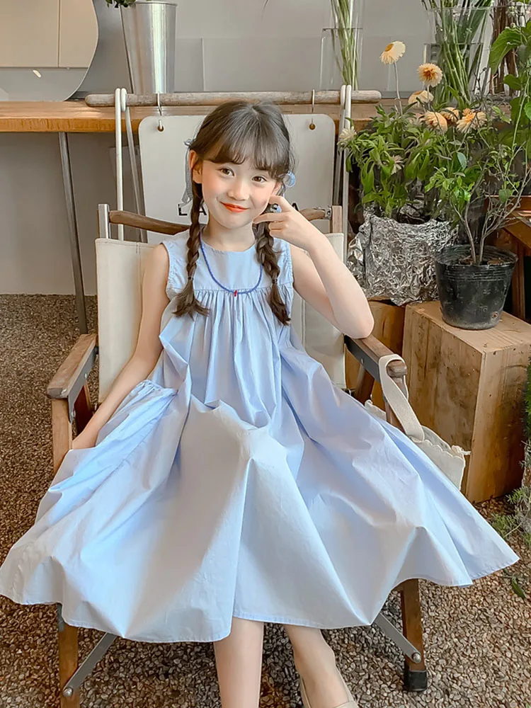 New Arrival Sweet Girls Dress For Summer 2 3 4 5 6 7 8 9 10 11 12 Year Sleeveless Solid Color Blue Child Dresses With Pockets