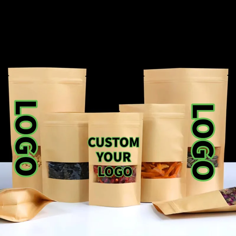 

100PCS Kraft Paper High Clear Window Ziplock Bags Resealable Powder Sugar Coffee Beans Chocolate Tea Gifts Storage Pouches