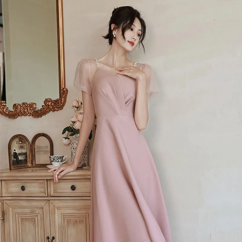 Pink satin Prom Dress Simple Pearl Beaded Square Collar Mesh Sleeve Engagement Gown A-Line Tea Length Girls Party Dresses