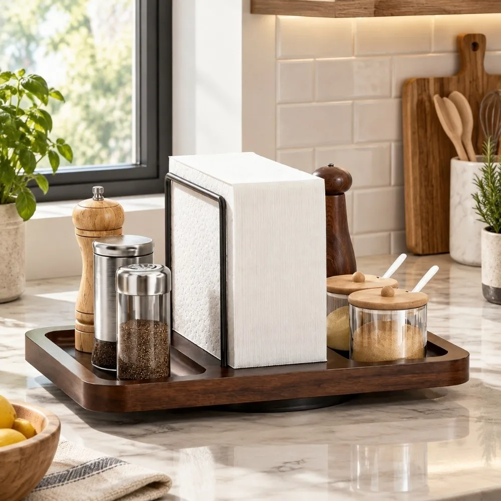 Wooden Napkin Spice Holder 360 Degree Rotating Base Multi Compartment Seasoning Storage Tray Anti Slip Vertical Napkin Holder