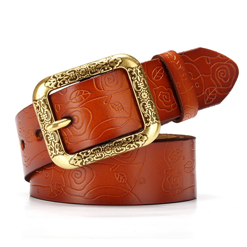 Retro Genuine Leather Women's Belt, Fashionable Embossed High-end Matching with Decorative Jeans Belt Korean Minimalist