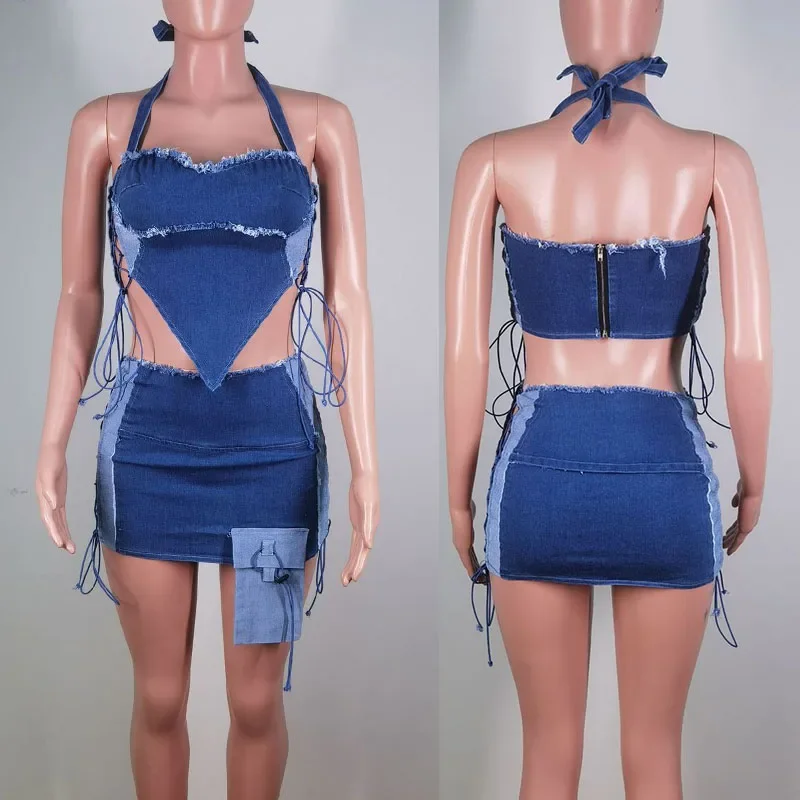 Sexy Night Club Festival Outfit Women Skirt Sets Y2K Clothing Denim Halter Lace-up Crop Top and Mini Skirt 2 Piece Set Birthday