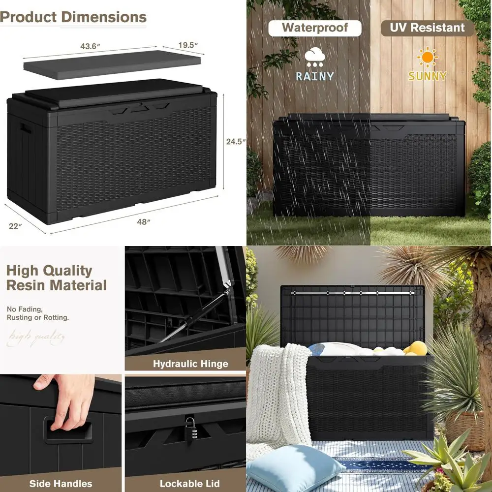 

Waterproof 100 Gallon Deck Box with Cushion, Lockable Outdoor Storage for Patio and Garden Tools (Black)