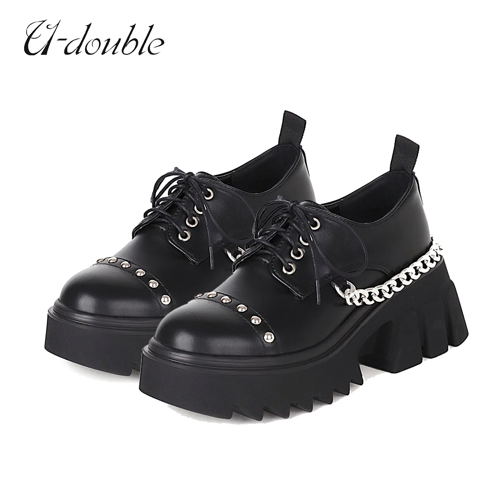 New Women's Spring Punk Ankle Boots Lace-up Pumps Medium Heel Platform Rock Female Shoes British Style Casual Loafers Student